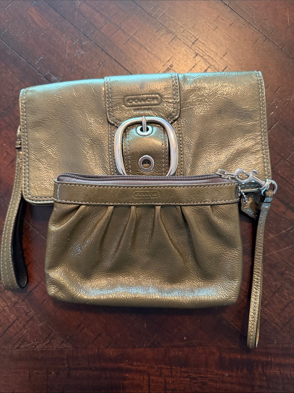 2 PIECES Coach Olive Leather Wristlet with Removable Coin Pouch